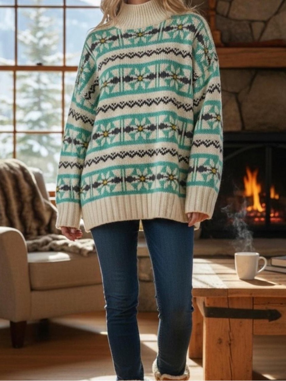 American Eagle Outfitters Oversized Fair Isle Mock Neck Sweater